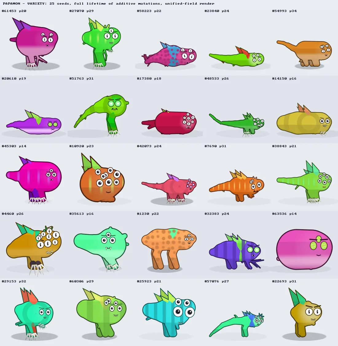 A grid of twenty five different creatures. They differ in body plan, limb count, eye count, teeth, color and pattern, and no two share a silhouette.