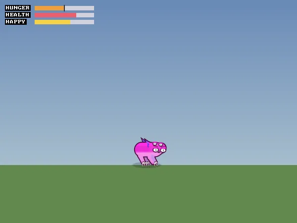The home screen: a small pink creature on grass under a blue sky, with hunger, health and happy bars in the top left corner.