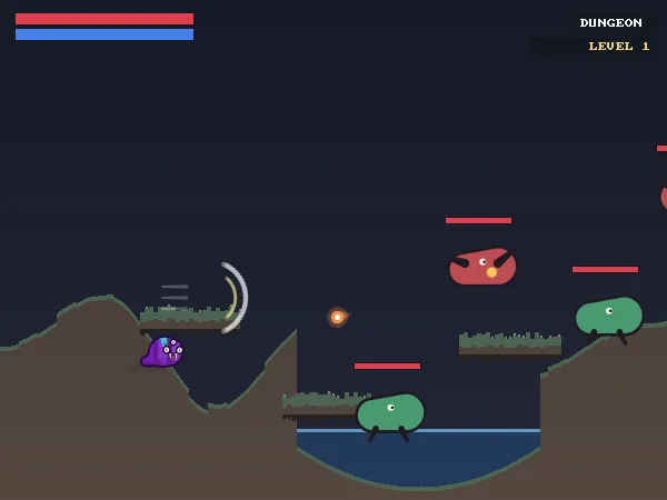 The dungeon screen: a creature on dark rock under a night sky with monsters ahead of it, health and magic bars in the top left and a dungeon level label in the top right.